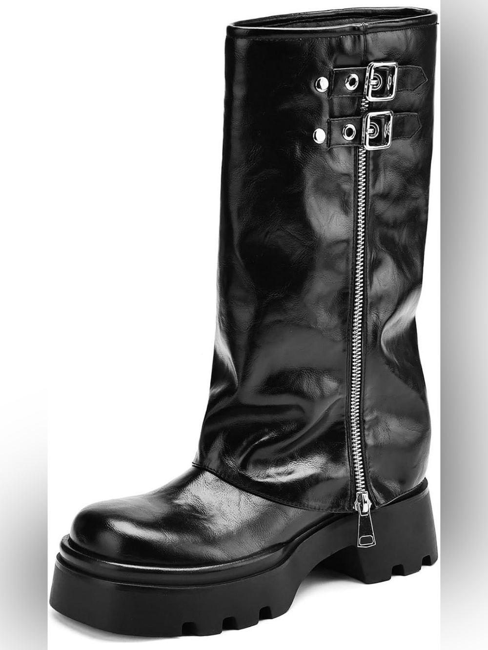 Teaieui Women’s Black Chunky Platform Zip Moto Boots - US 7.5
